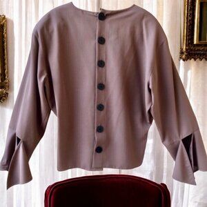 Krizia Italy Vintage Brown WOOL Lined Top Flounce Cuffs Button up Back